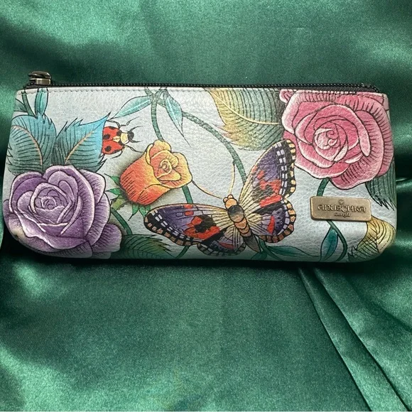 Anuschka Hand-Painted Leather Floral Butterfly Cosmetic Bag - Picture 1 of 10